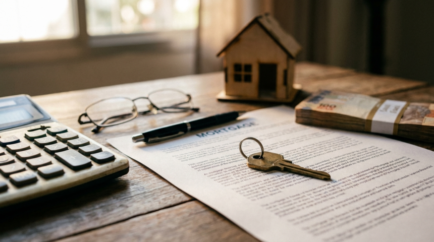 Chave de imovel sobre contrato de financiamento imobiliario com calculadora, casa de madeira em miniatura e cedulas de real