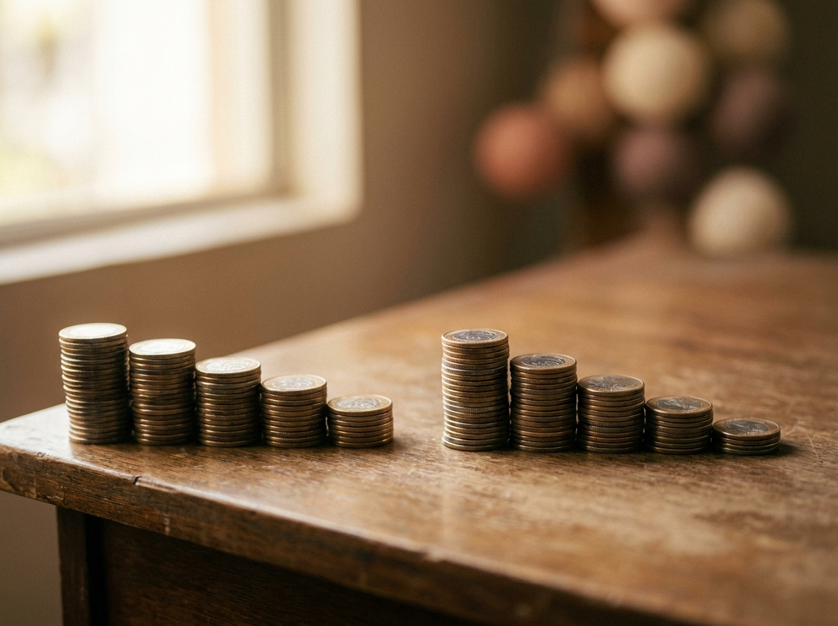Duas fileiras de moedas decrescendo em ritmos diferentes representando a amortizacao SAC e Price
