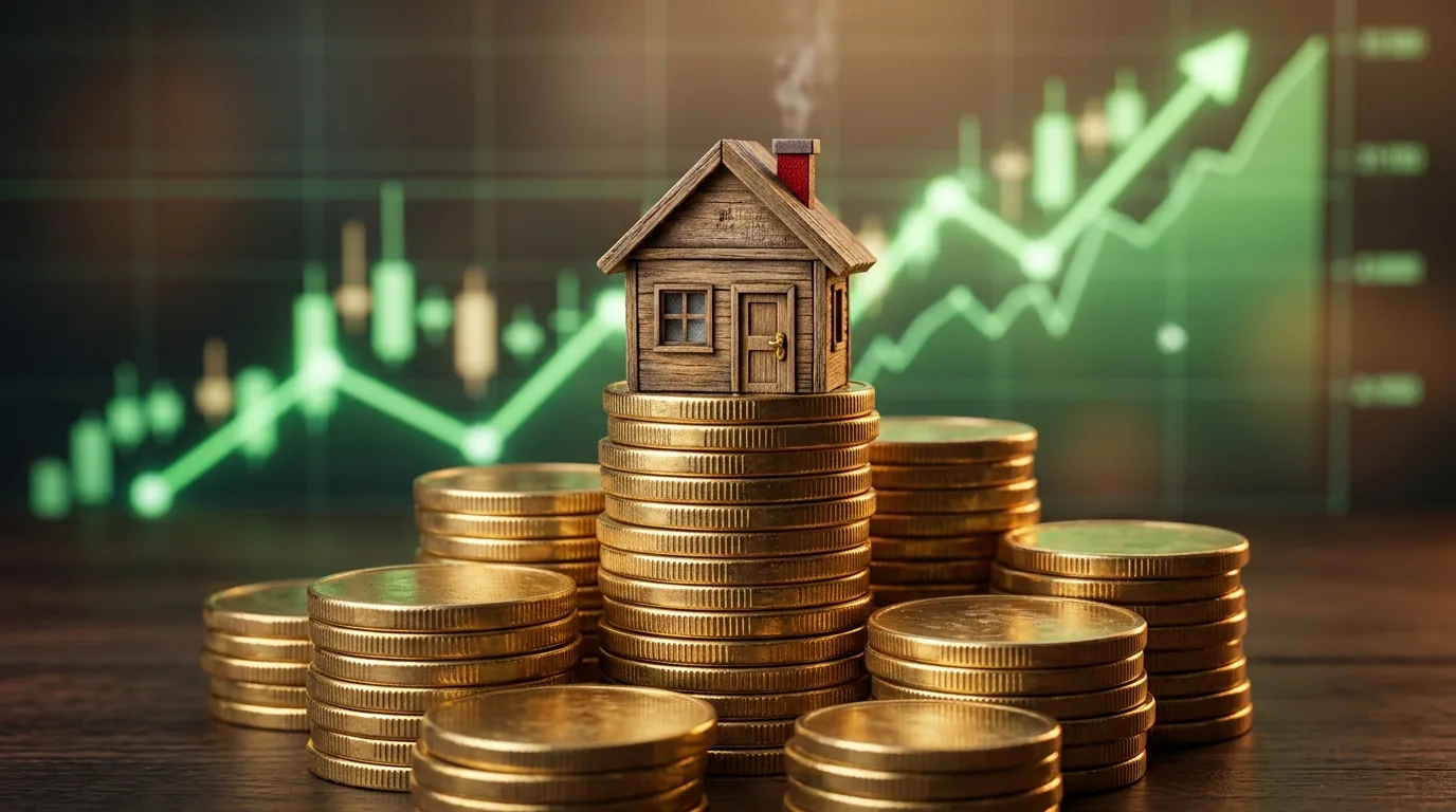 Moedas empilhadas com casa em miniatura e gráfico de alta, ganho extra com aluguel de ações