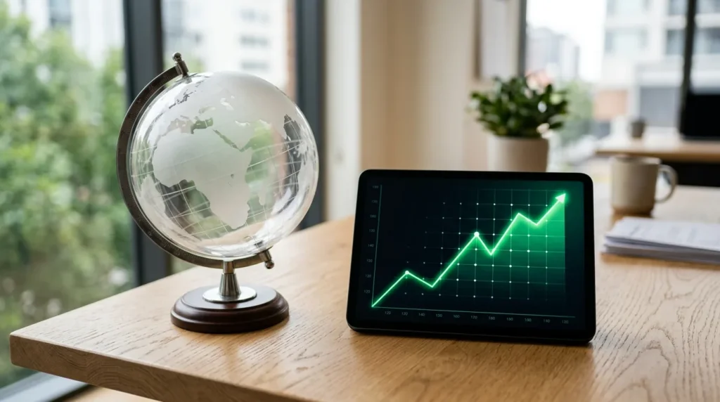 Globo de vidro sobre a mesa ao lado de tablet com gráfico de alta, investir no exterior via BDR