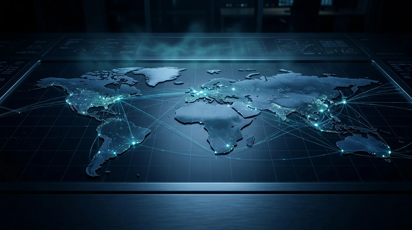 Mapa-múndi digital com conexões luminosas entre praças financeiras, mercado global dos BDRs