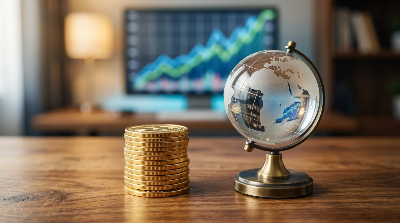 Moedas de ouro ao lado de um globo com gráfico, retorno de investimentos internacionais via BDR
