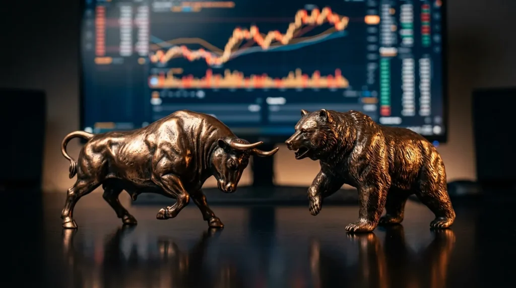 Touro e urso de bronze frente a frente com gráfico ao fundo, símbolos do mercado de alta e de baixa