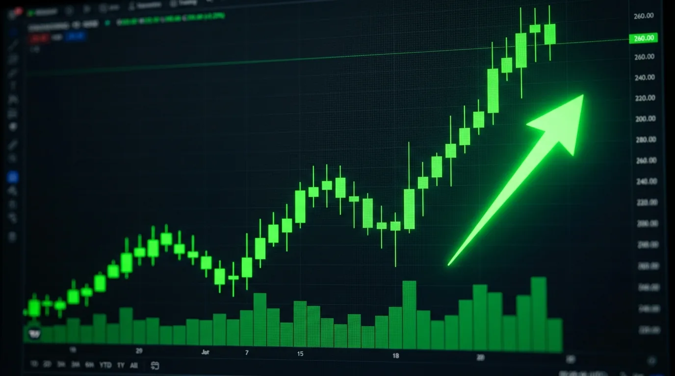 Gráfico de candles verde em forte alta com seta para cima, representando o bull market