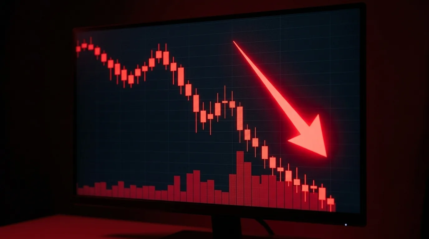 Gráfico de candles vermelho em forte queda com seta para baixo, representando o bear market