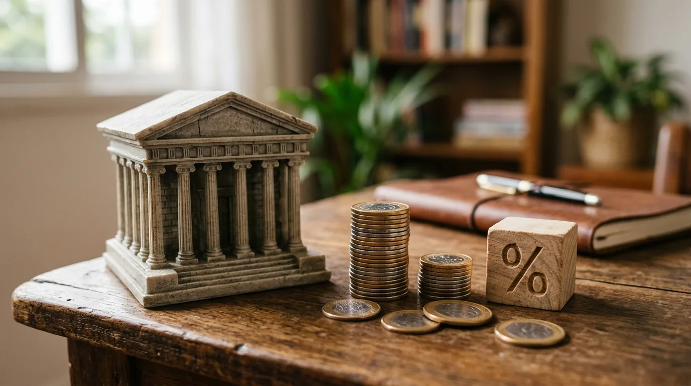 Prédio de banco em miniatura ao lado de moedas de real e um bloco com símbolo de porcentagem, rendimento de CDB