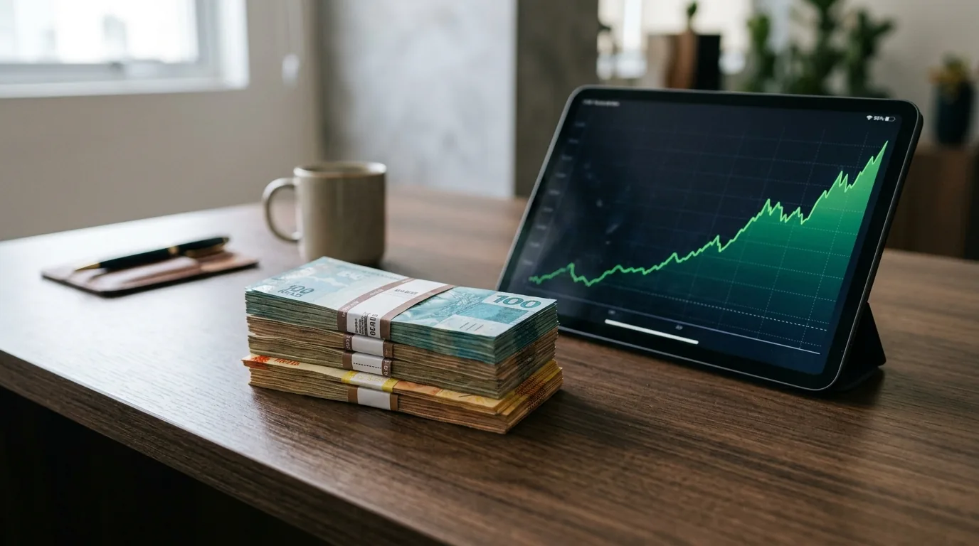 Maço de cédulas de real ao lado de tablet com gráfico de alta, investindo dez mil reais