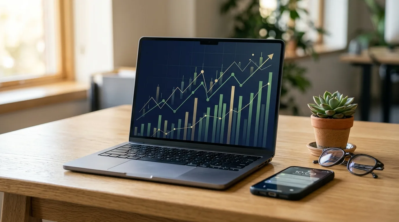 Laptop sobre a mesa exibindo um painel de gráficos de renda fixa em alta