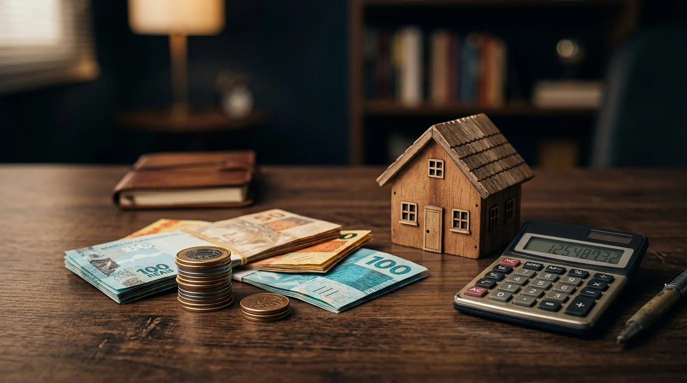Notas de real, moedas empilhadas, casa de madeira e calculadora sobre a mesa