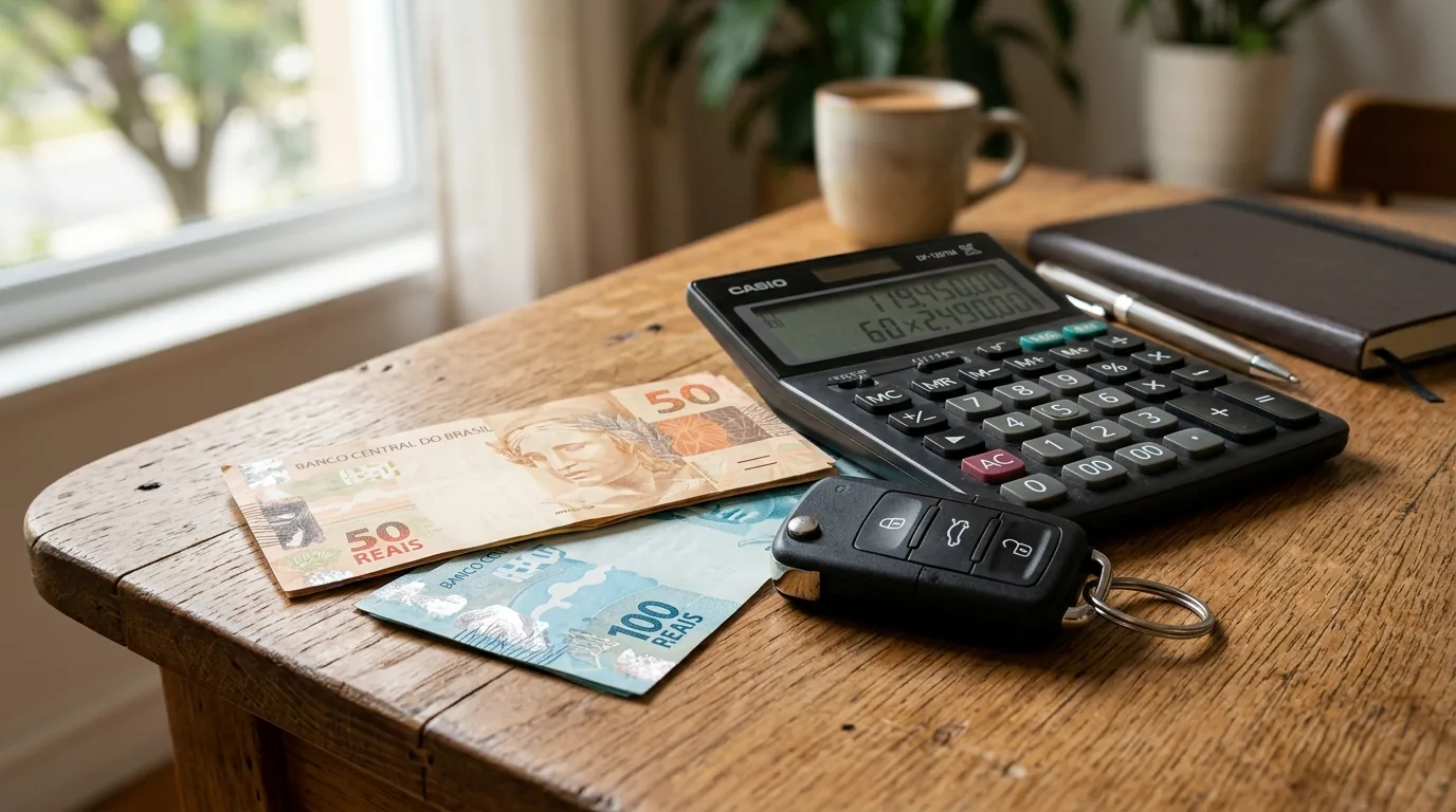 Chave de carro sobre a mesa ao lado de calculadora e cédulas de real, avaliando financiamento de veículo