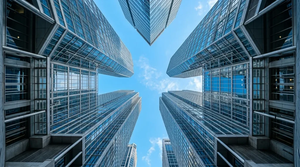 Prédios comerciais de vidro vistos de baixo, representando o índice de fundos imobiliários IFIX