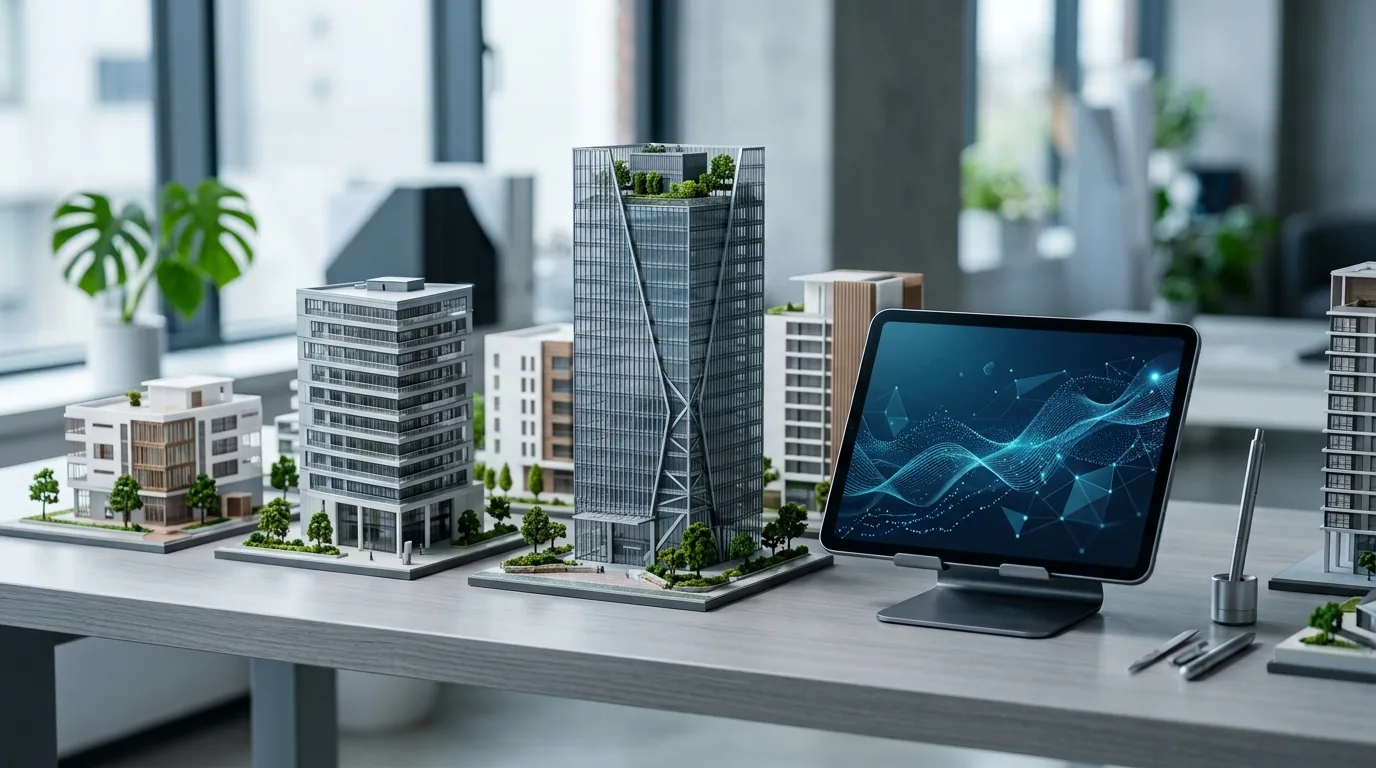 Maquete de prédios ao lado de tablet com linha de índice, composição do IFIX
