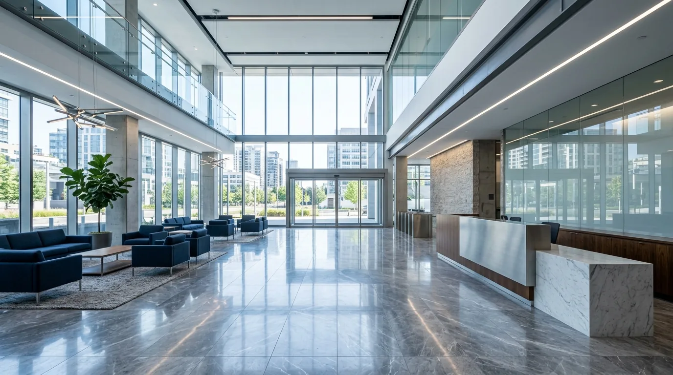 Lobby de prédio comercial moderno com piso de mármore, ativo típico de fundo imobiliário