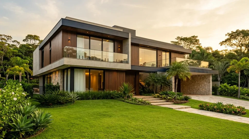 Fachada de uma casa moderna com jardim bem cuidado ao entardecer