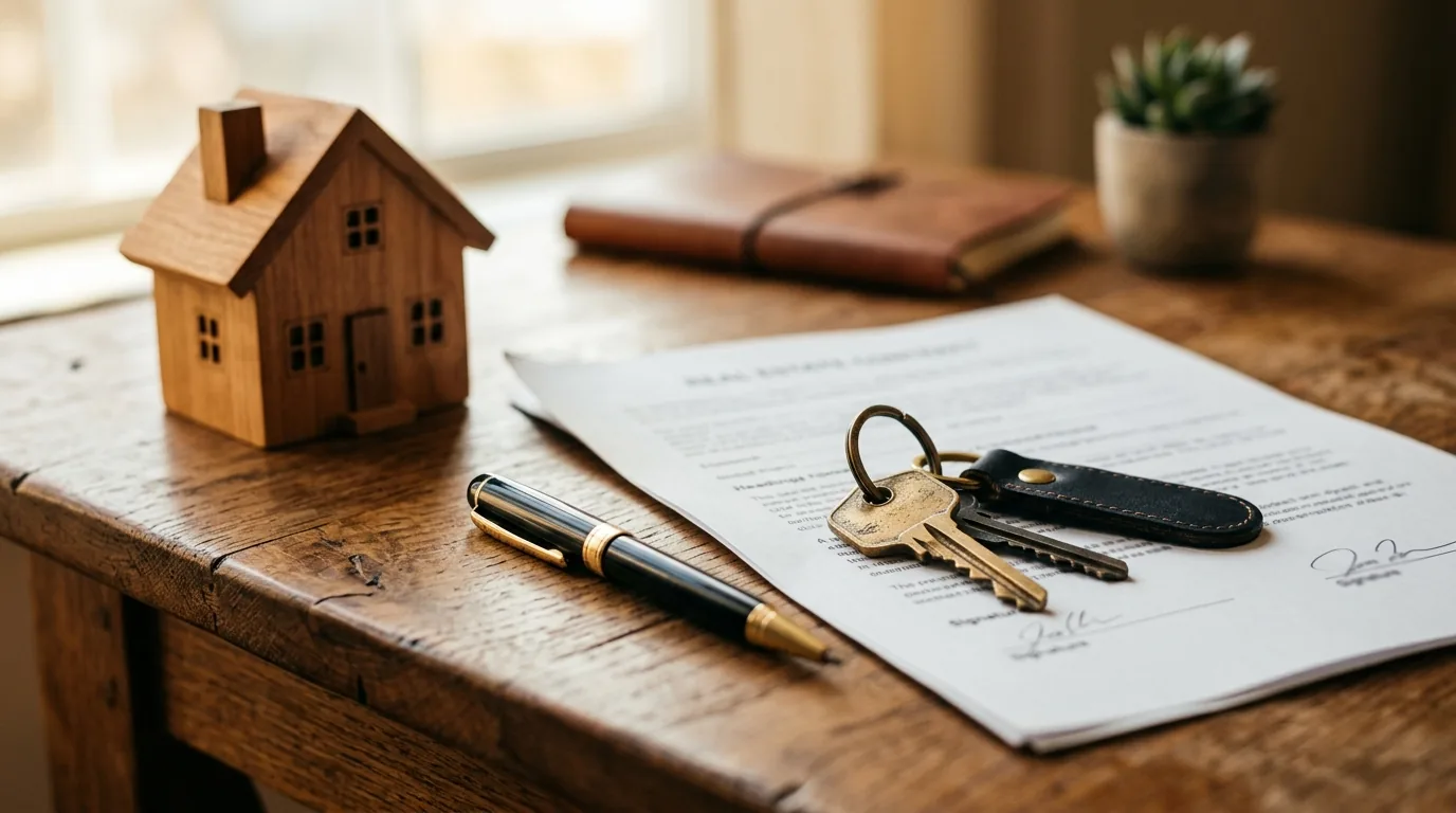 Chaves de casa sobre um contrato imobiliário ao lado de uma casinha de madeira