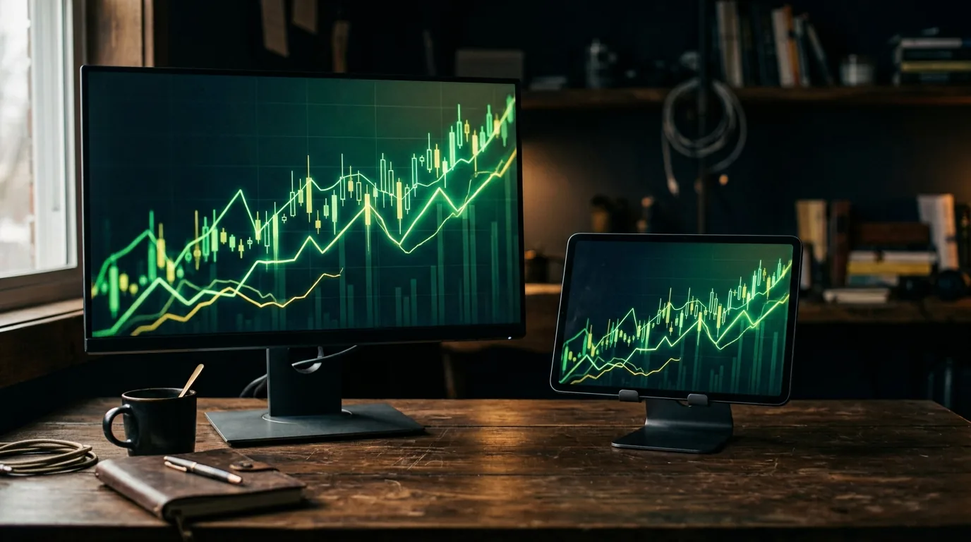 Monitor e tablet exibindo gráficos de linha em alta sobre uma mesa escura