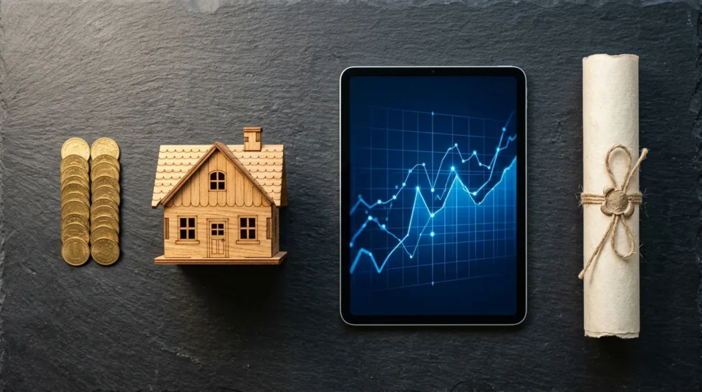 Moedas, casa em miniatura, tablet com gráfico e documento sobre a mesa, tipos de ativo financeiro