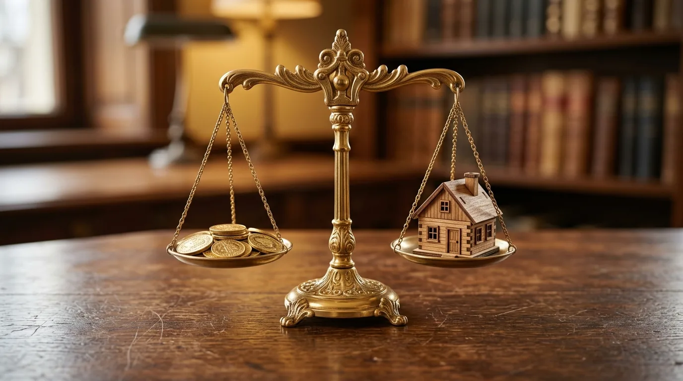 Balança dourada com moedas de um lado e uma casa em miniatura do outro, ativo financeiro e ativo real