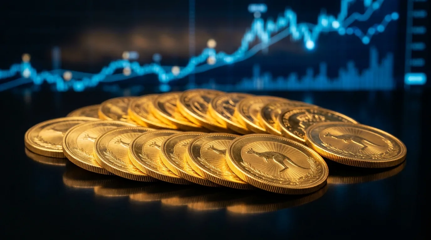 Moedas de ouro dispostas em leque com gráfico azul ao fundo, retorno dos ativos financeiros