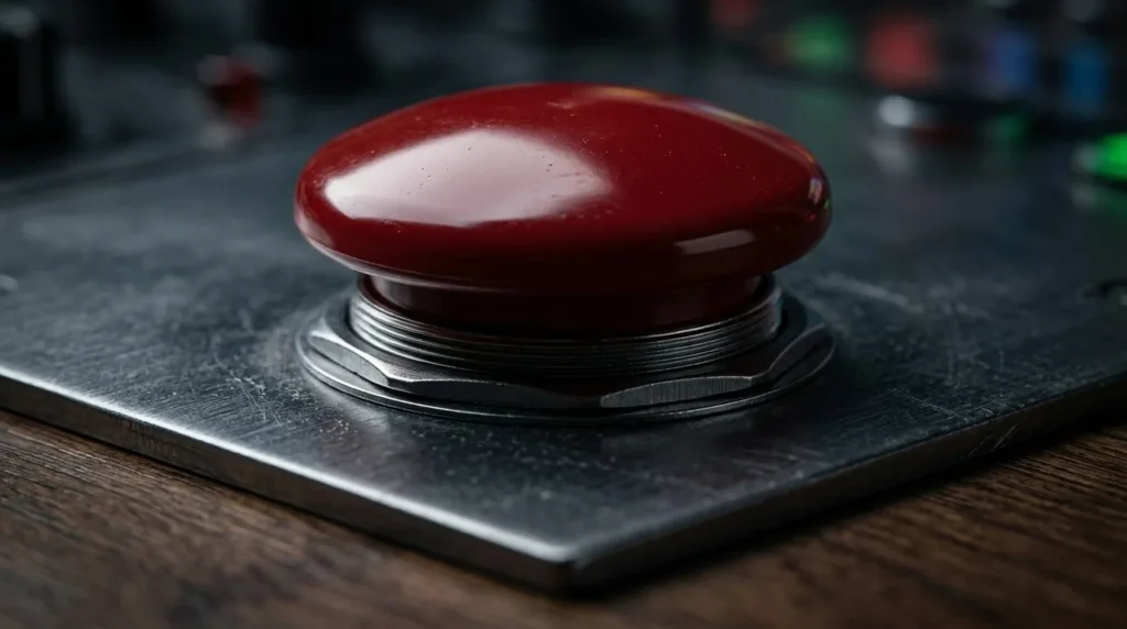 Botão vermelho de emergência em painel escuro, metáfora do circuit breaker da bolsa