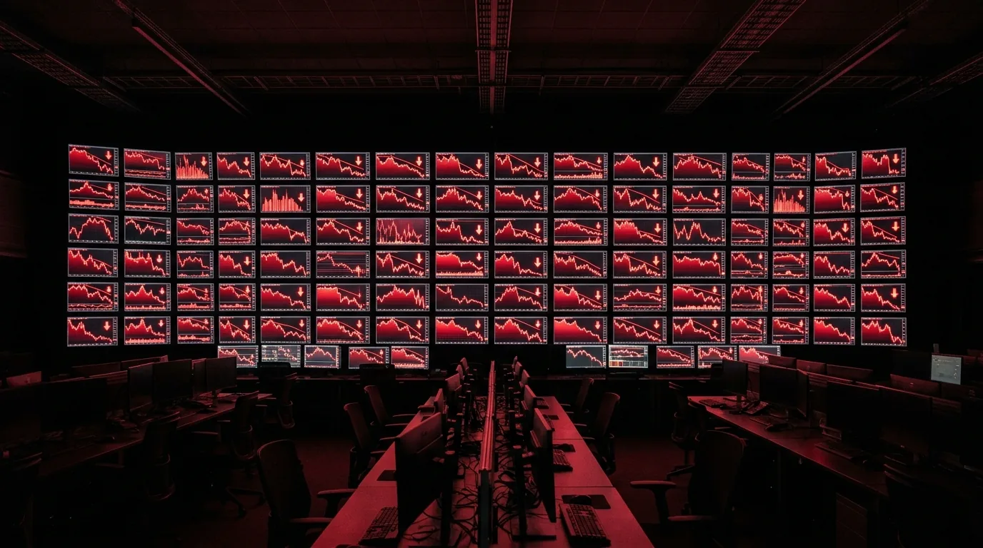 Parede de monitores de trading brilhando em vermelho com gráficos em queda, cenário de crash