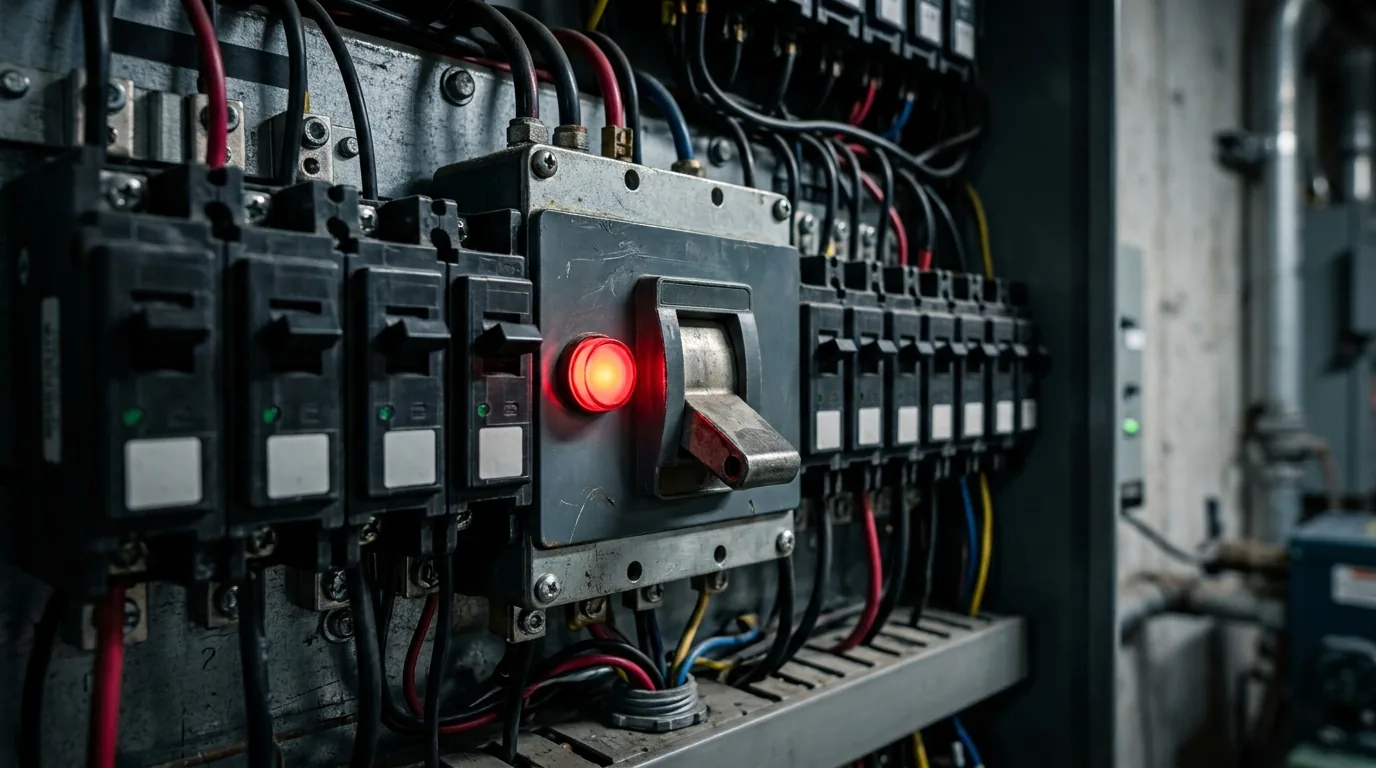 Painel de disjuntor elétrico industrial com chave e luz vermelha, freio de segurança