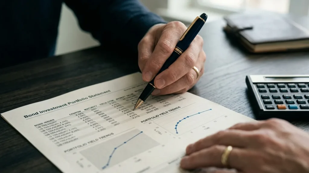 Investidora revisando o extrato de um fundo de investimento com calculadora e laptop sobre a mesa