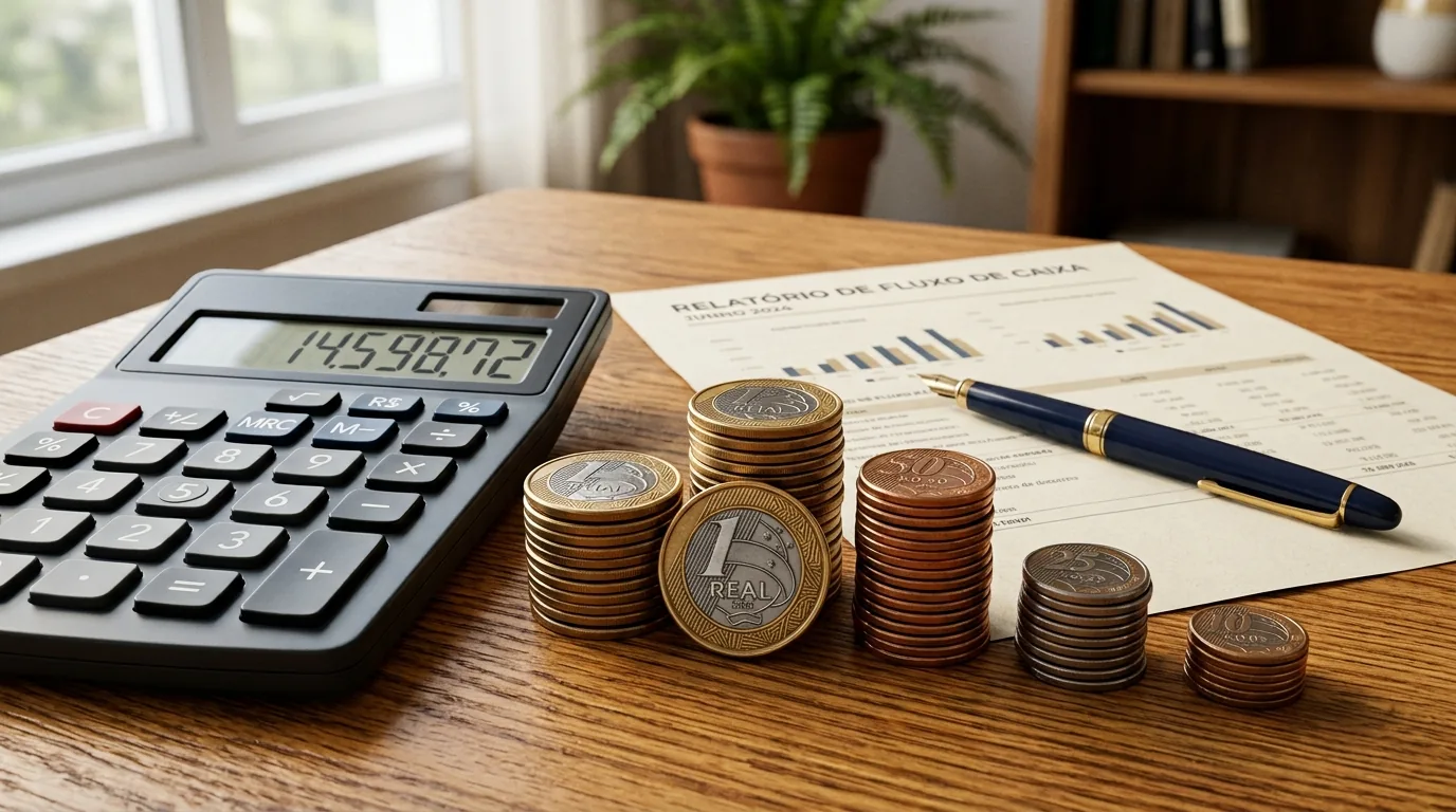 Calculadora, moedas empilhadas e um documento financeiro sobre a mesa