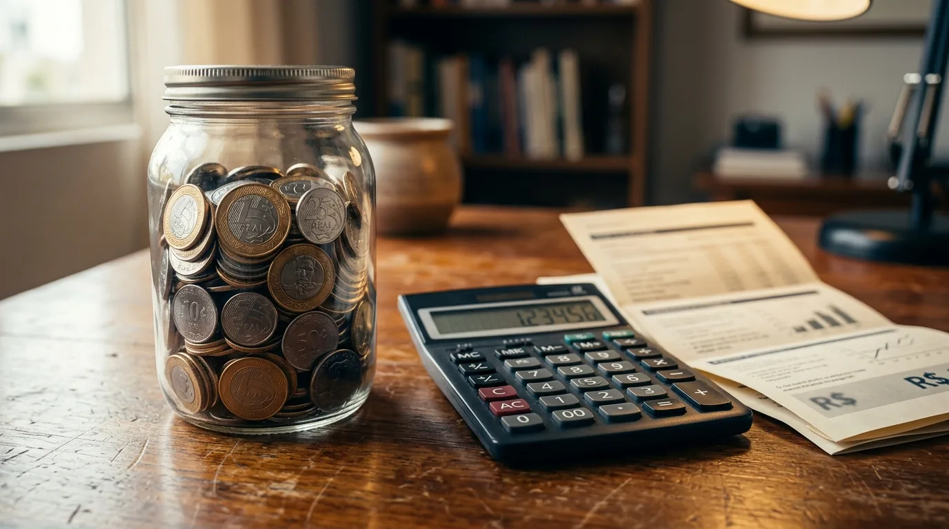 Pote de vidro cheio de moedas ao lado de uma calculadora e um documento
