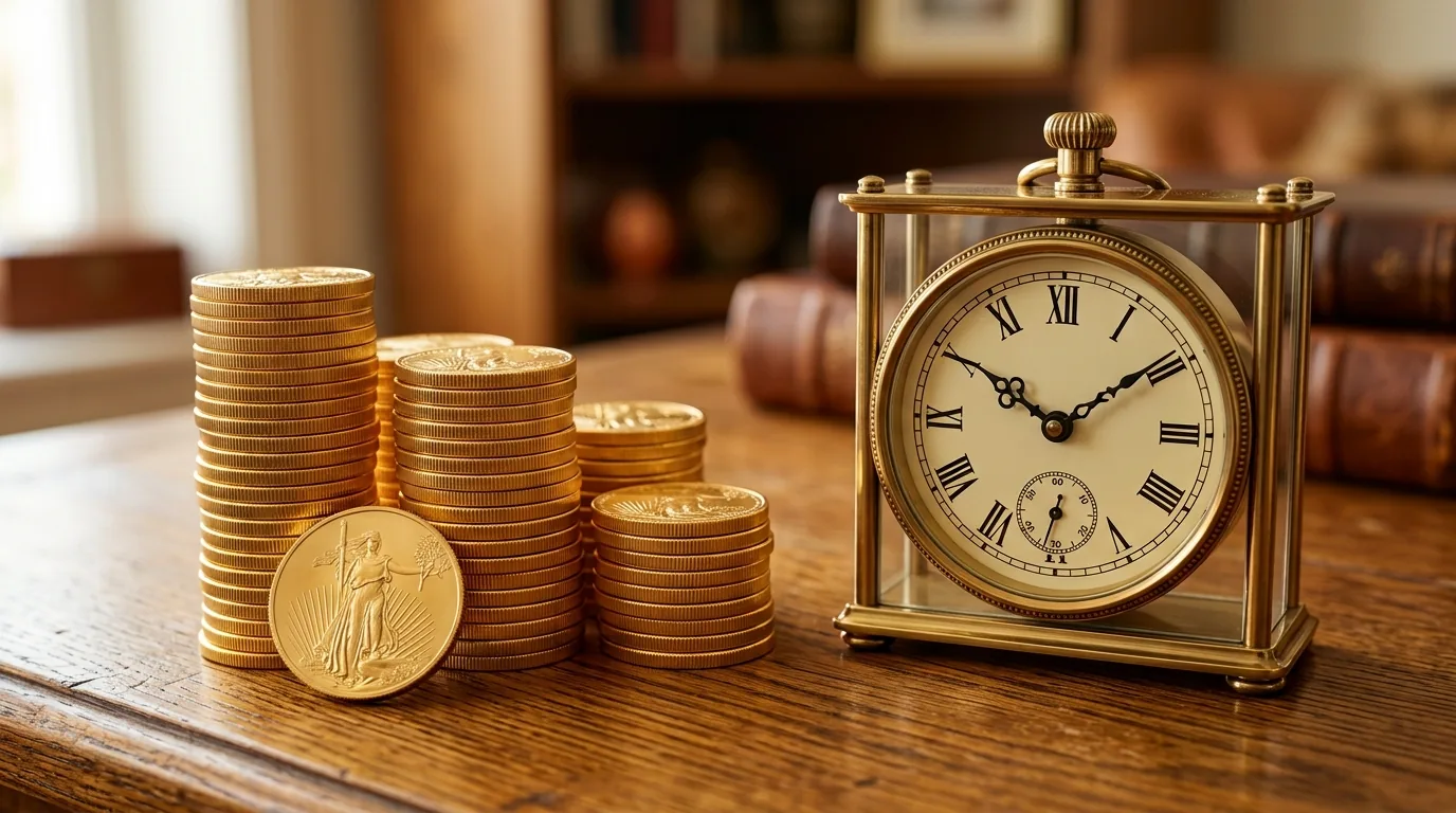 Moedas de ouro ao lado de um relógio sobre a mesa, rendimento diário da conta remunerada