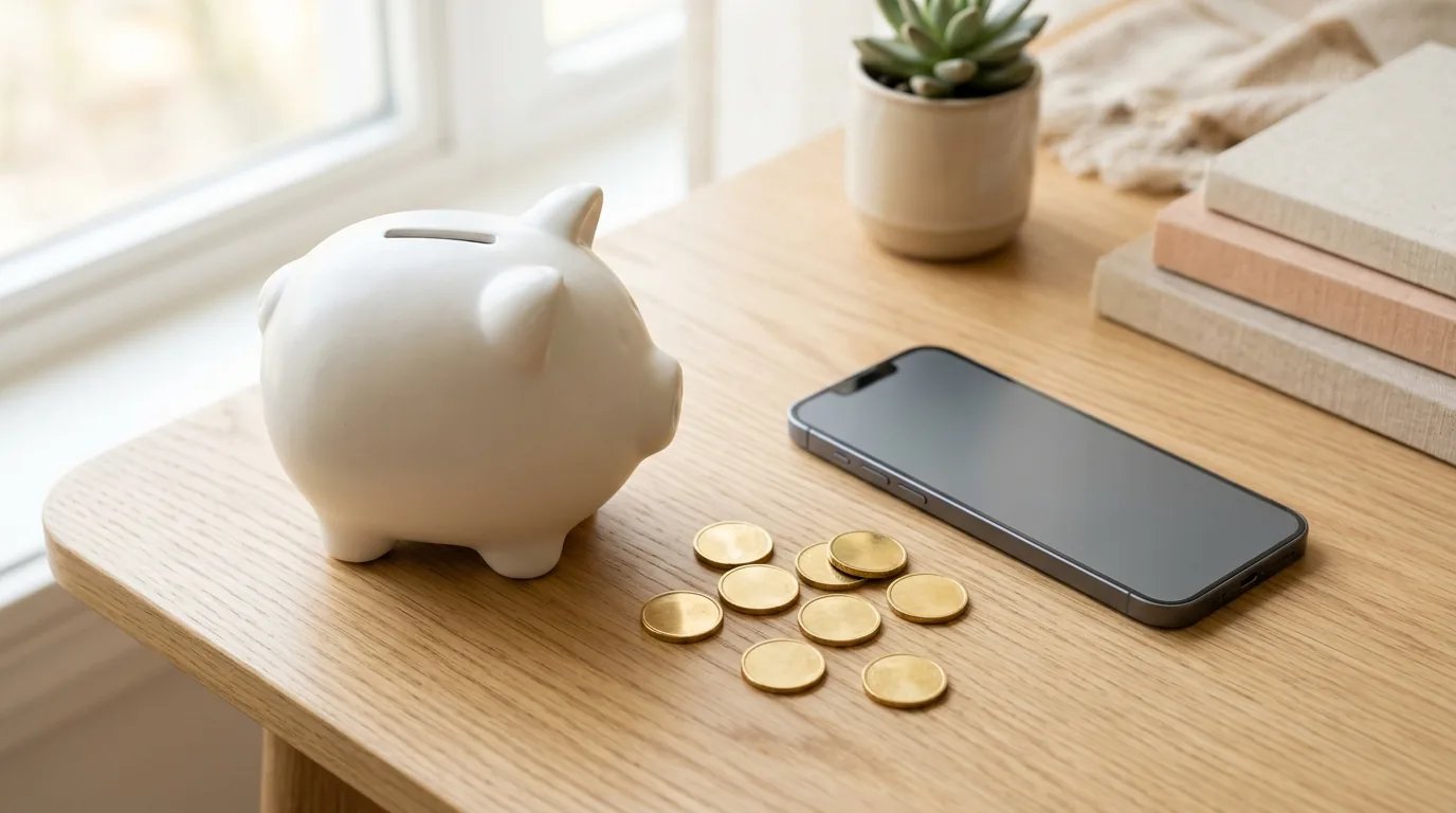 Cofrinho de porquinho branco ao lado de um celular e moedas, poupar com conta digital