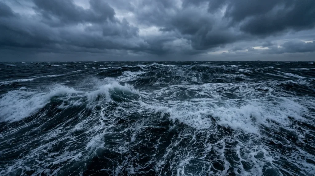 Mar revolto de águas azul-escuras ao entardecer, metáfora da volatilidade dos investimentos