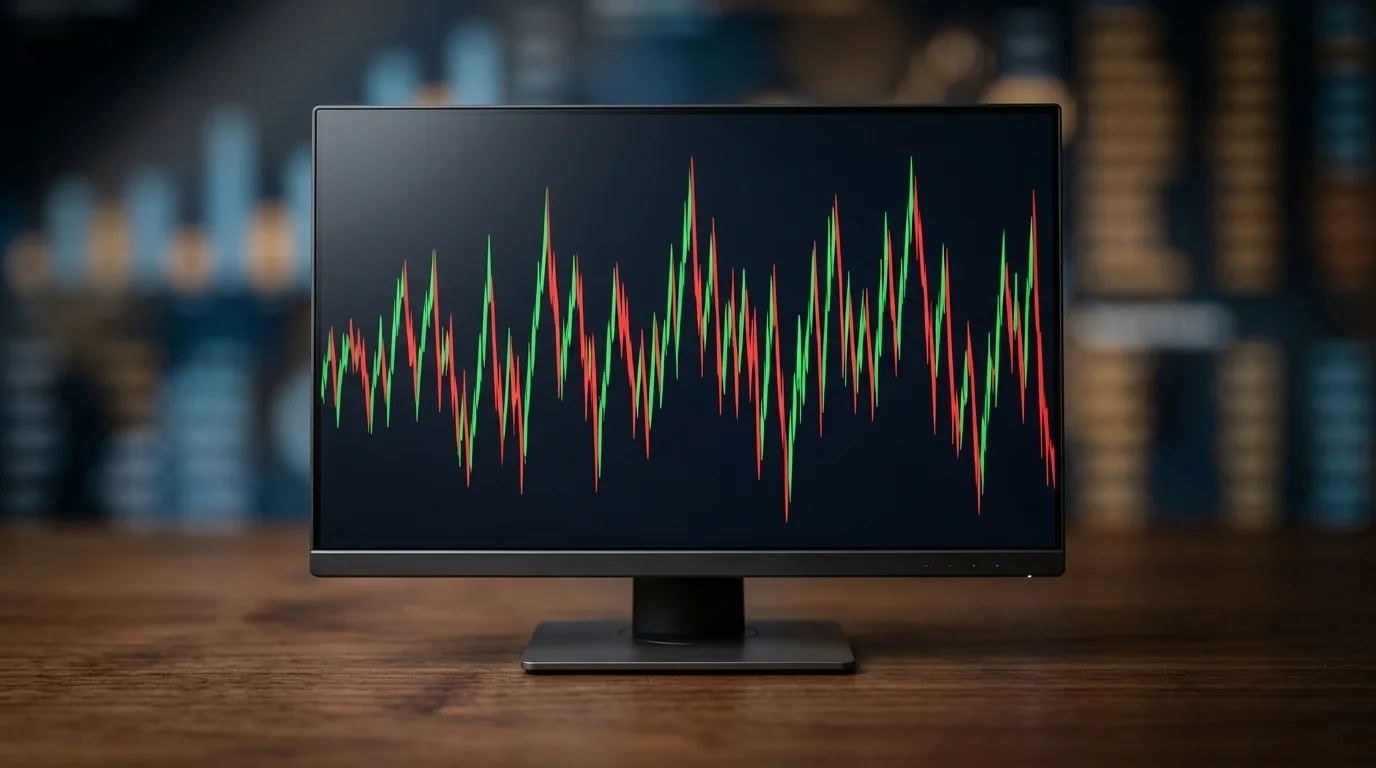 Monitor com linha de gráfico oscilando em zigue-zague verde e vermelho, alta volatilidade
