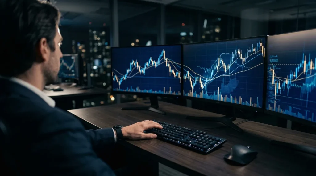 Mesa de operações com monitores exibindo gráficos, representando o mercado de derivativos