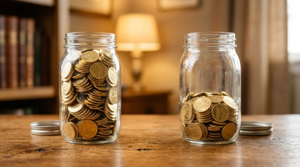 Dois potes de vidro com moedas, um cheio e um pela metade, representando o payout