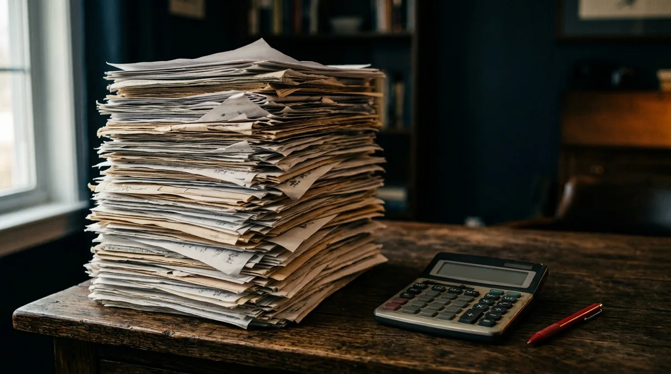 Pilha alta de contas e relatórios financeiros sobre a mesa ao lado de uma calculadora