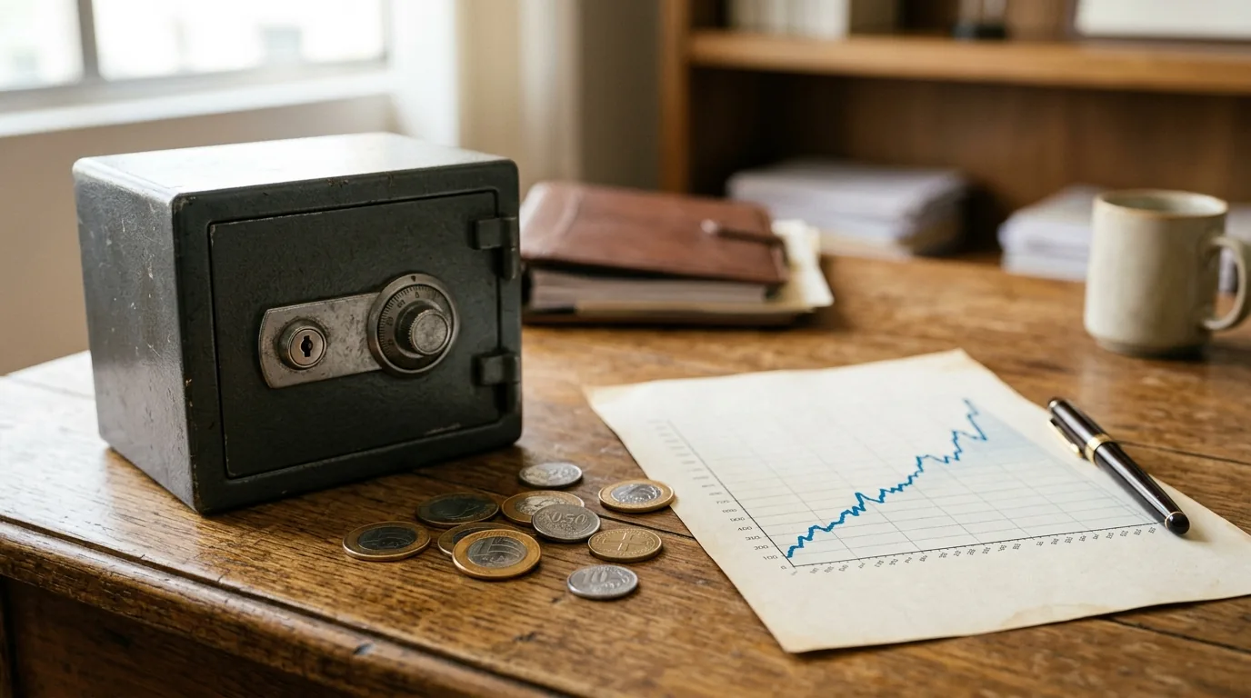 Cofre metálico com moedas de real e um gráfico impresso ao lado, títulos do Tesouro Direto