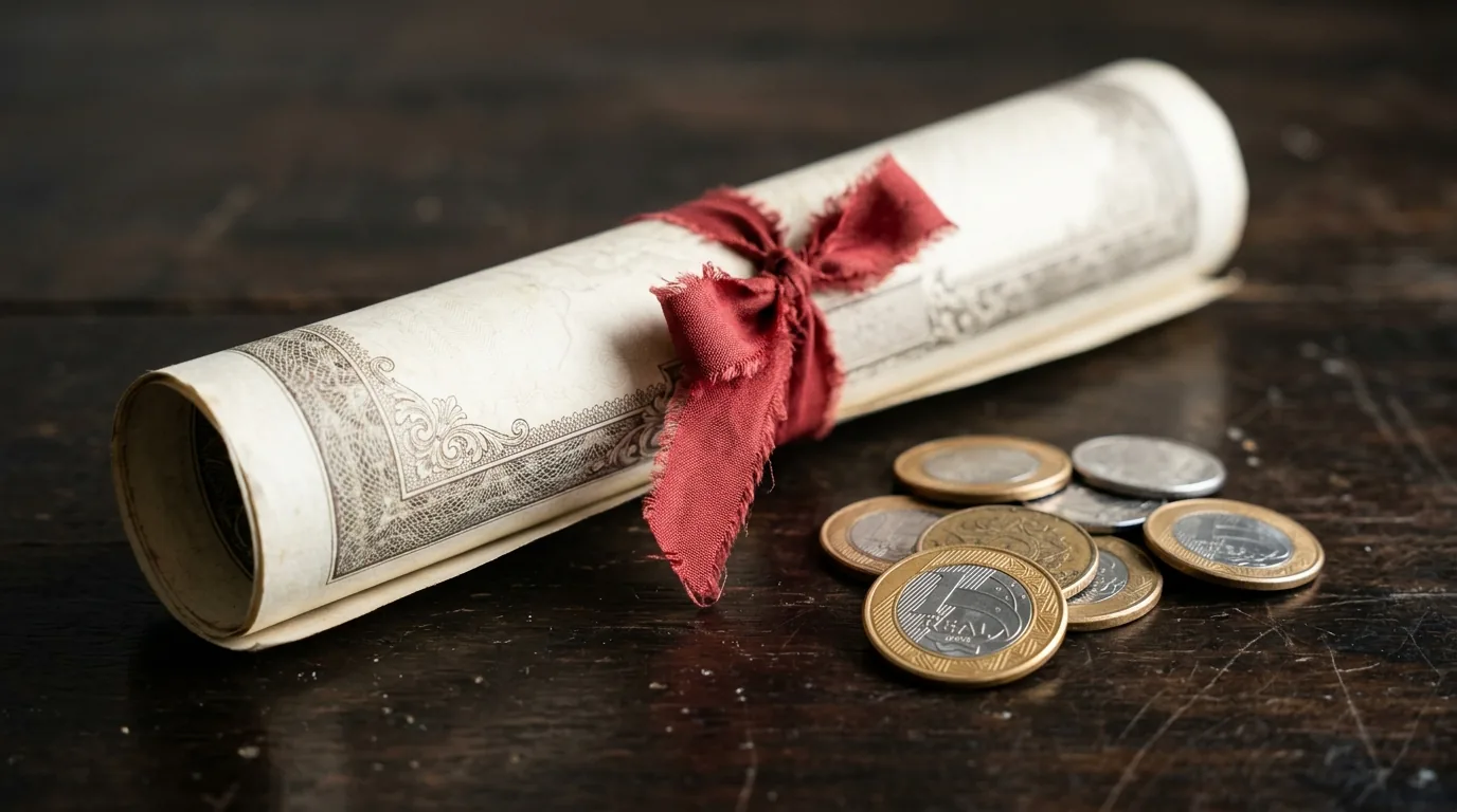 Certificado financeiro enrolado com fita ao lado de moedas de real, representando o valor de face de um título de renda fixa