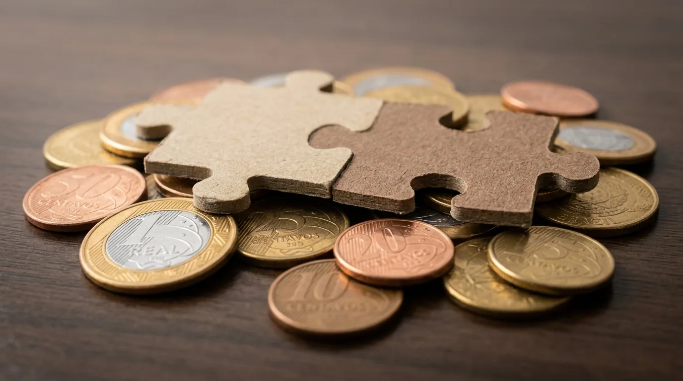 Duas peças de quebra-cabeça se encaixando sobre moedas de real, representando o ágio pago na compra de uma empresa