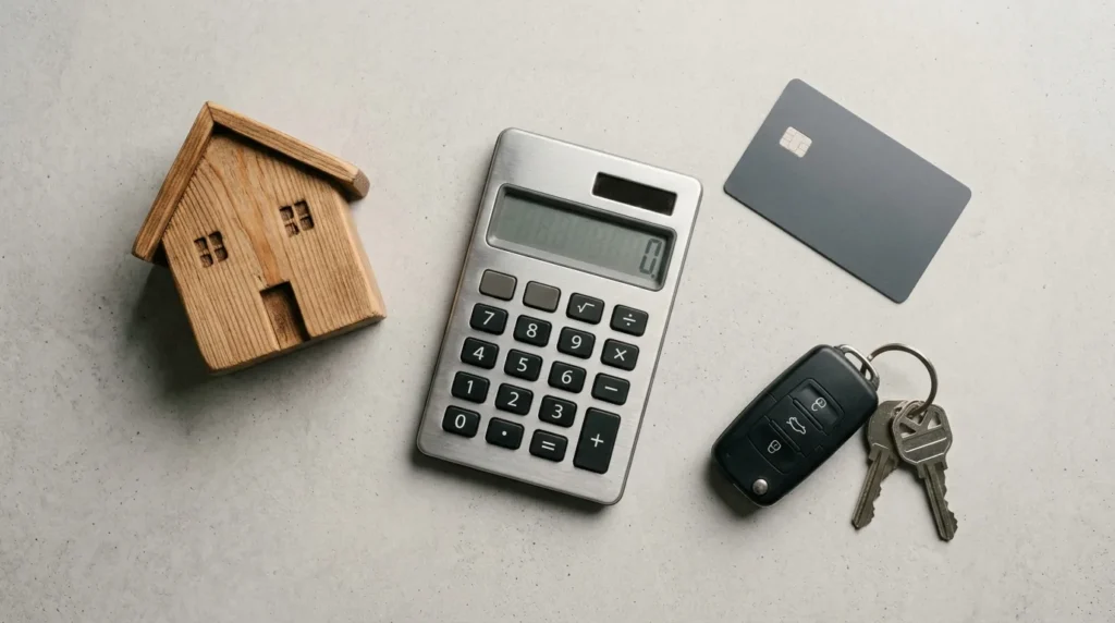Cartão, chaves de carro, casa em miniatura e calculadora representando o custo do crédito