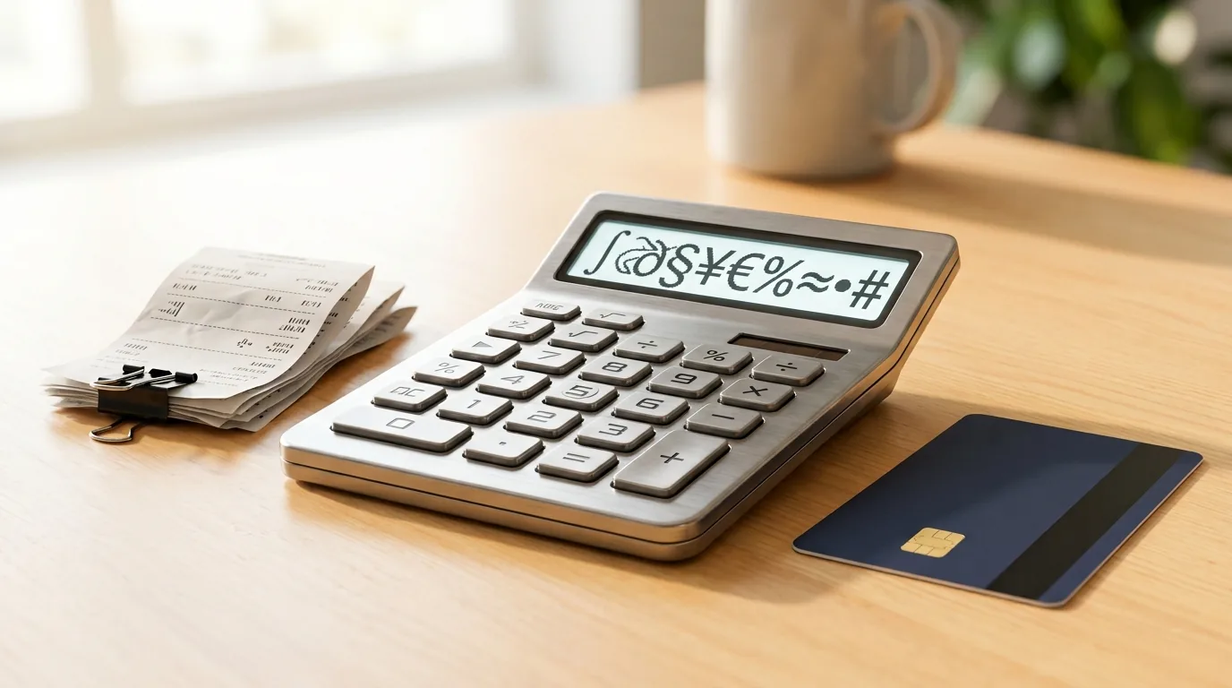 Calculadora com recibos e cartão de crédito sobre mesa clara