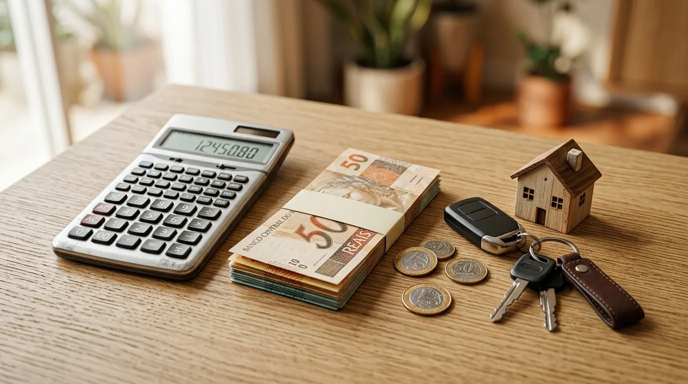 Calculadora ao lado de notas de real, casa de madeira e chaves de carro