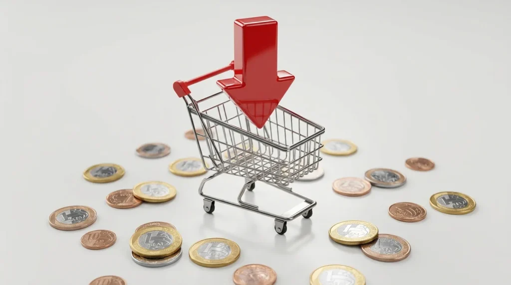 Seta vermelha apontando para baixo sobre um carrinho de compras em miniatura cercado de moedas de real, representando a deflação