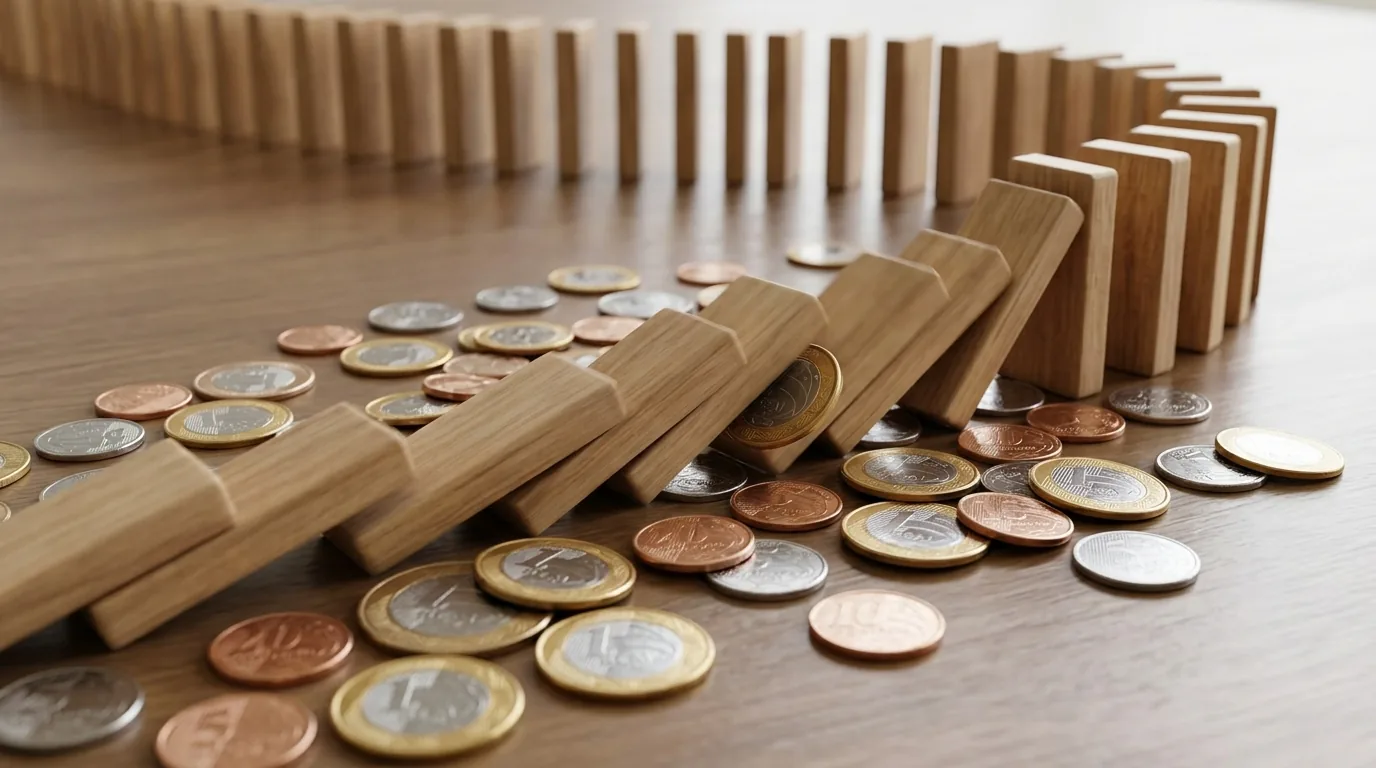 Fileira de dominós de madeira caindo sobre moedas de real, representando a espiral deflacionária
