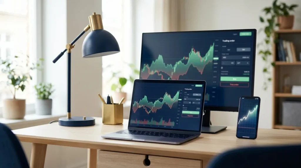 Monitor, notebook e celular exibindo gráficos e ordem de compra em uma plataforma home broker
