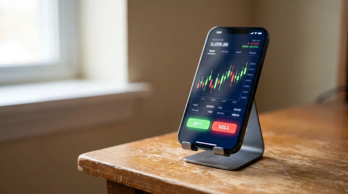 Celular em suporte mostrando app de home broker com gráfico de candles e botões de compra e venda