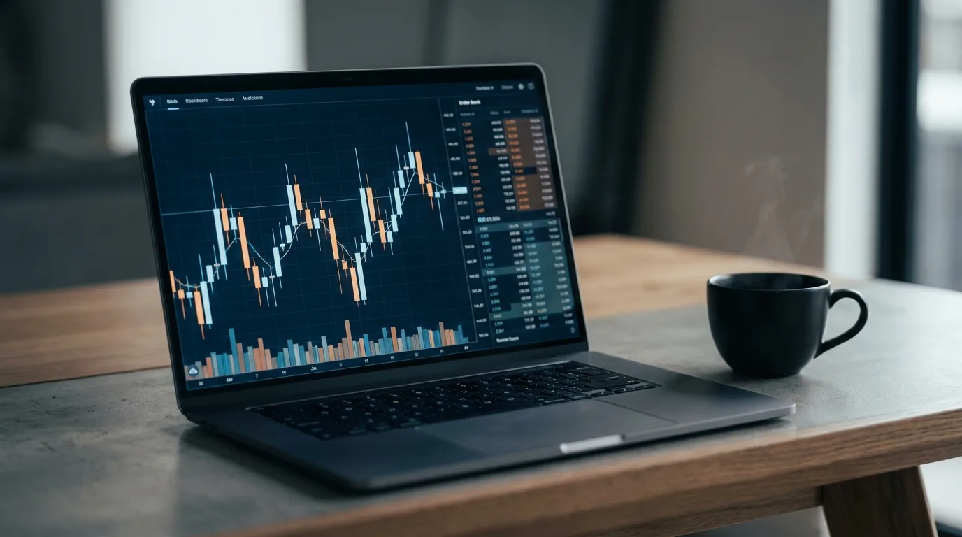 Notebook exibindo um painel financeiro com gráfico de candles e livro de ofertas ao lado de uma xícara