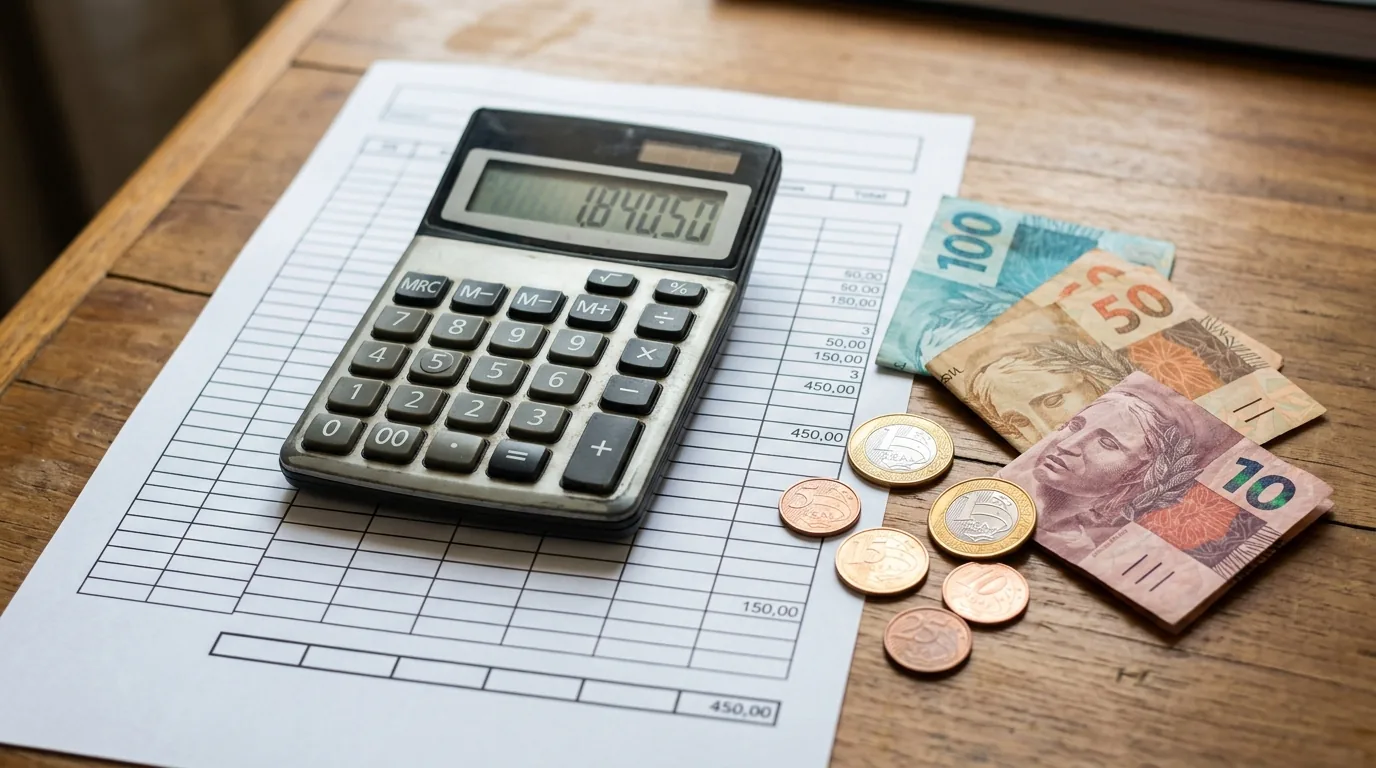 Calculadora sobre uma nota fiscal ao lado de moedas de real, representando o cálculo da margem bruta