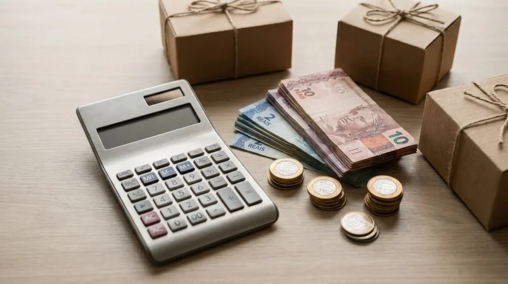 Calculadora, cédulas de real, moedas e caixas de papelão representando o capital de giro de um negócio