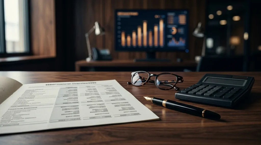 Demonstrativo financeiro impresso com óculos, caneta e calculadora sobre mesa de escritório